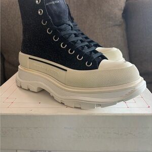 Alexander McQueen Glitters Black and Cream High-Top Sneakers Authentic New